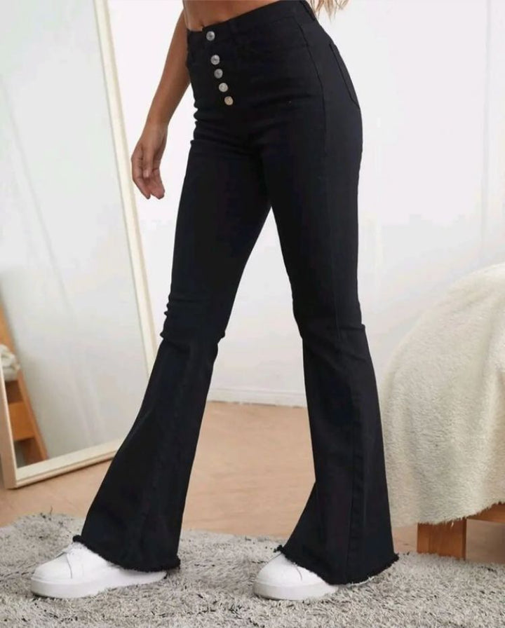 "Frenchy Chic: Button-Fly, Raw Hem Flare Leg Jeans"