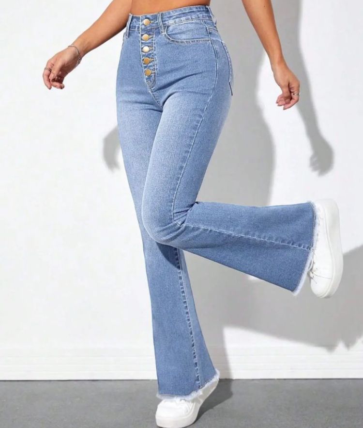 "Frenchy Chic: Button-Fly, Raw Hem Flare Leg Jeans"