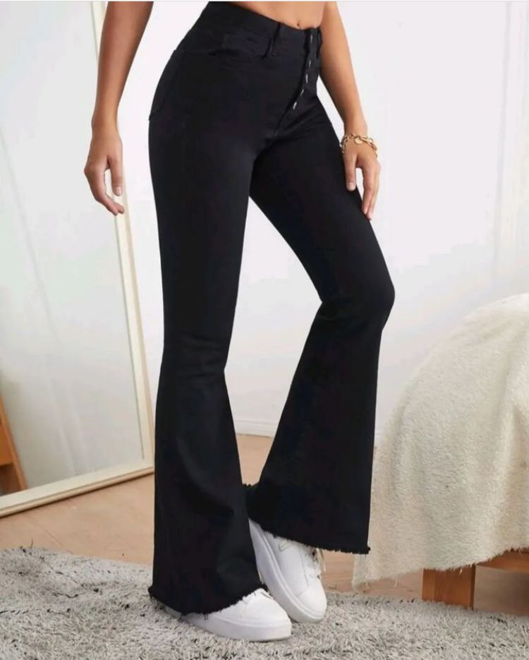 "Frenchy Chic: Button-Fly, Raw Hem Flare Leg Jeans"